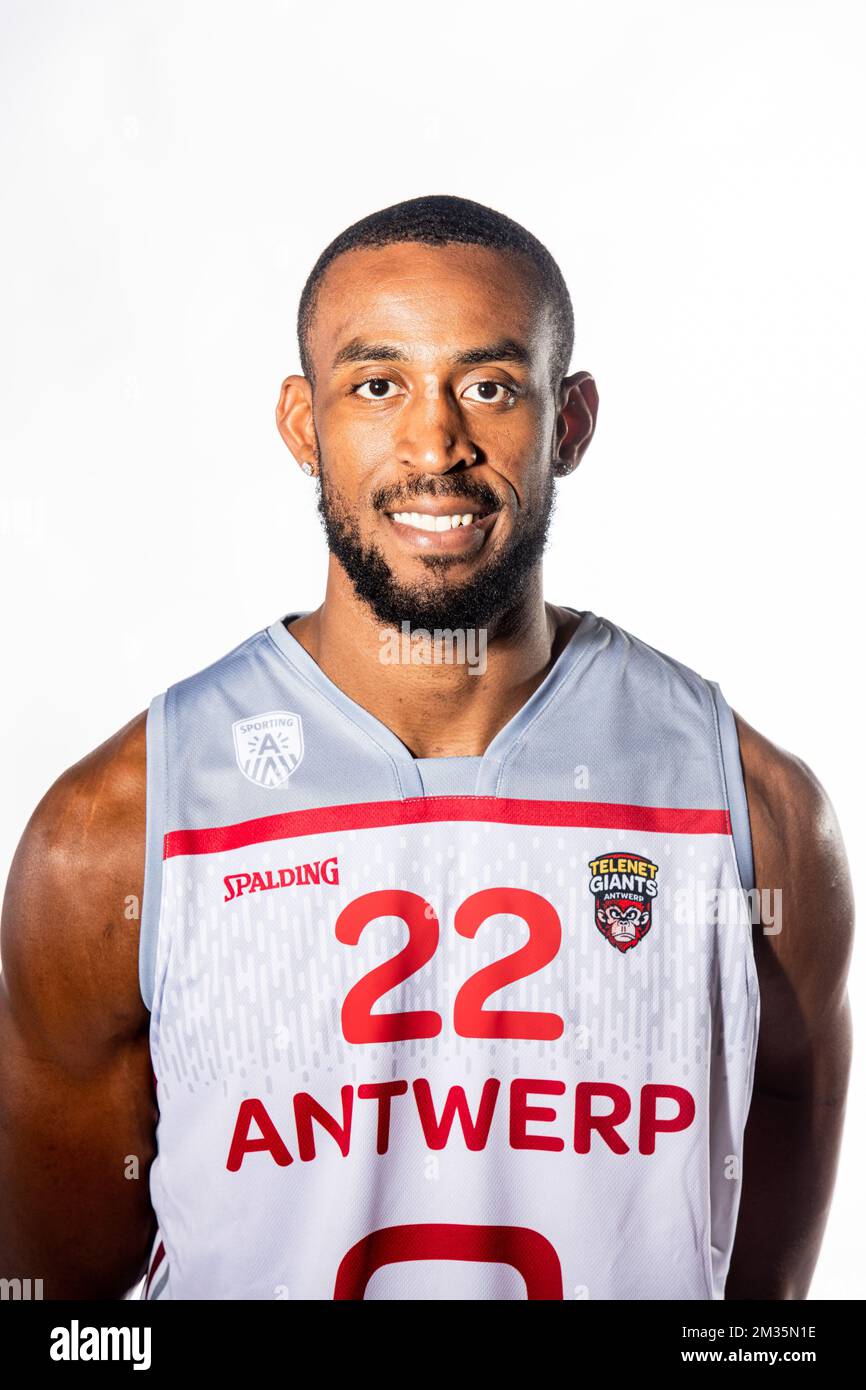 Antwerpens DeMarious Markel Brown posiert bei einem Fotoshooting des belgischen Basketballteams Antwerpen Giants, vor der EuroMillions League 2021-2022, Freitag, den 03. September 2021 in Antwerpen. BELGA FOTO JONAS ROOSENS Stockfoto