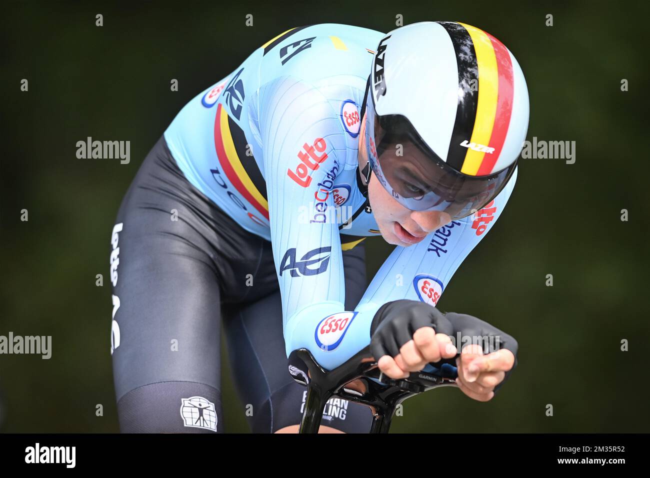 Der belgische Florian Vermeersch von Lotto Soudal, das während des U23-Mann-Individualrennen, 30,3 km von Knokke-Heist nach Brügge, bei der UCI World Championships Road Cycling Flanders 2021 in Brügge am Montag, dem 20. September 2021, in Aktion gezeigt wurde. Die Welten finden vom 19. Bis 26. September 2021 in mehreren Städten in Flandern, Belgien, statt. BELGA FOTO DAVID STOCKMAN Stockfoto