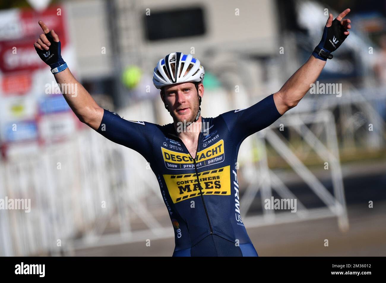 Der belgische Daan Soete feiert, dass er die Ziellinie überquert und beim Trek CX Cup Cyclocross am Freitag, den 08. Oktober 2021 in Waterloo, Wisconsin, USA, das Elite-Rennen der Männer gewinnt. BELGA FOTO DAVID STOCKMAN Stockfoto