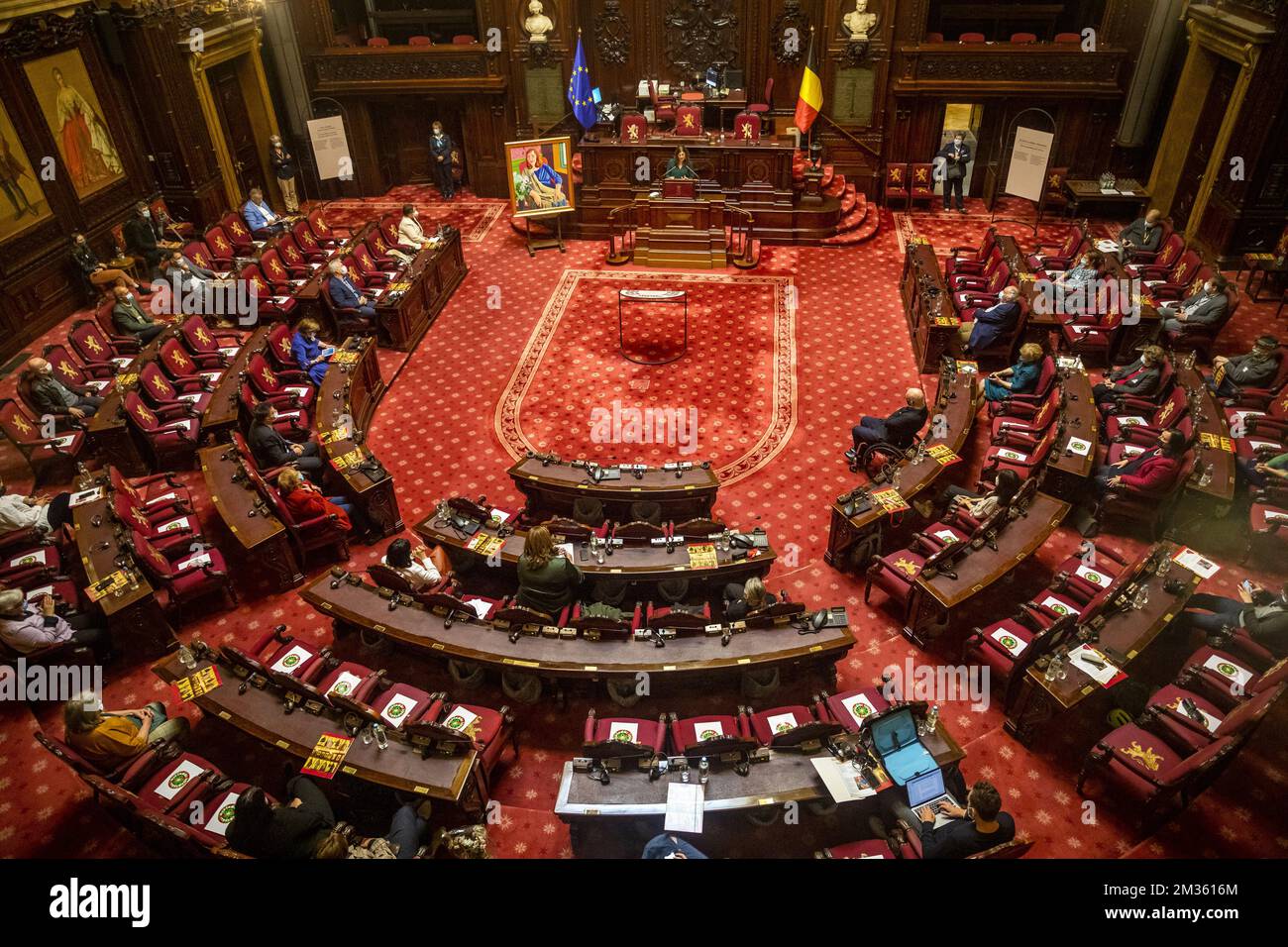 Abbildung zeigt die Eröffnung des Porträts der ehemaligen Senatsvorsitzenden Sabine de Bethune (CD&V-2011-2014) im Bundesparlament am Montag, den 11. Oktober 2021 in Brüssel. BELGA FOTO HATIM KAGHAT Stockfoto