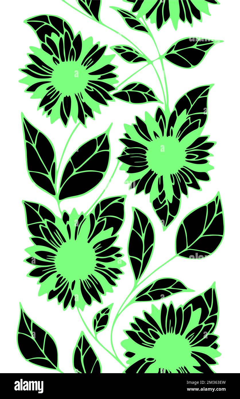 Nahtloses Muster mit großen schwarzen und grünen Blumen auf hellem Hintergrund, leuchtende Blumenstruktur, Rand, Design Stockfoto