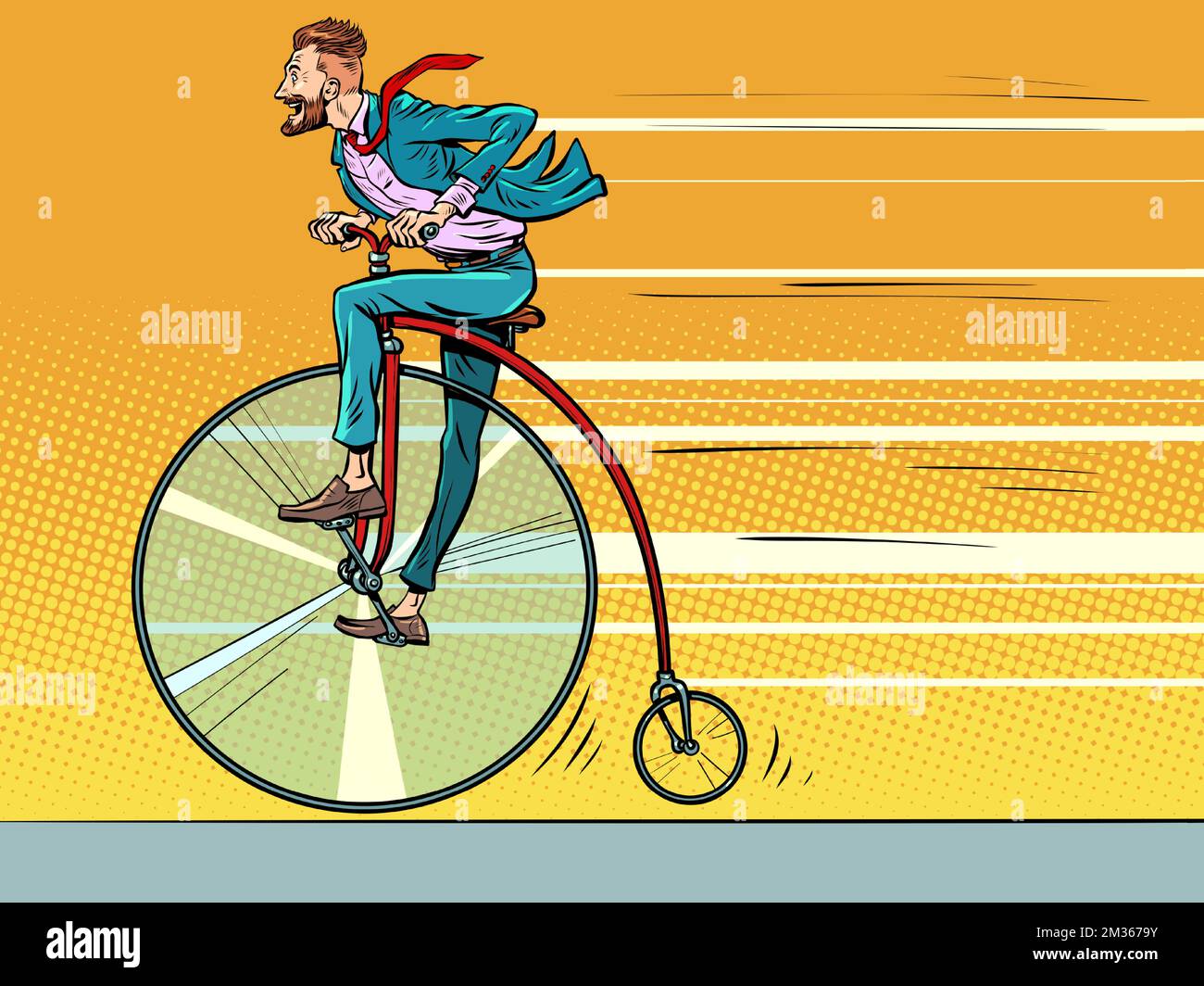 Ein billiges Retro-Bike, ein großes Rad. Geschäftsmann reitet schnell vorwärts, Fortschritt Stock Vektor