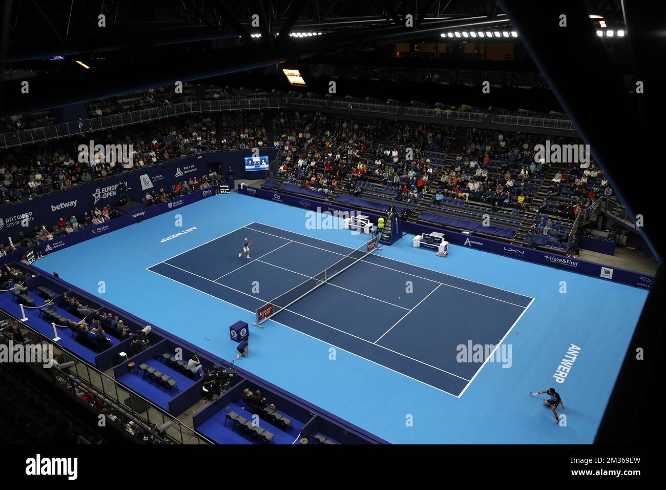 Abbildung zeigt Tennisplatz, ein Einzelspiel zwischen argentinischem Schwartzman und US-amerikanischem Nakashima, in den Finalen 1/4 des European Open Tennis ATP-Turniers, in Antwerpen, Freitag, den 22. Oktober 2021. BELGA FOTO DAVID PINTENS Stockfoto