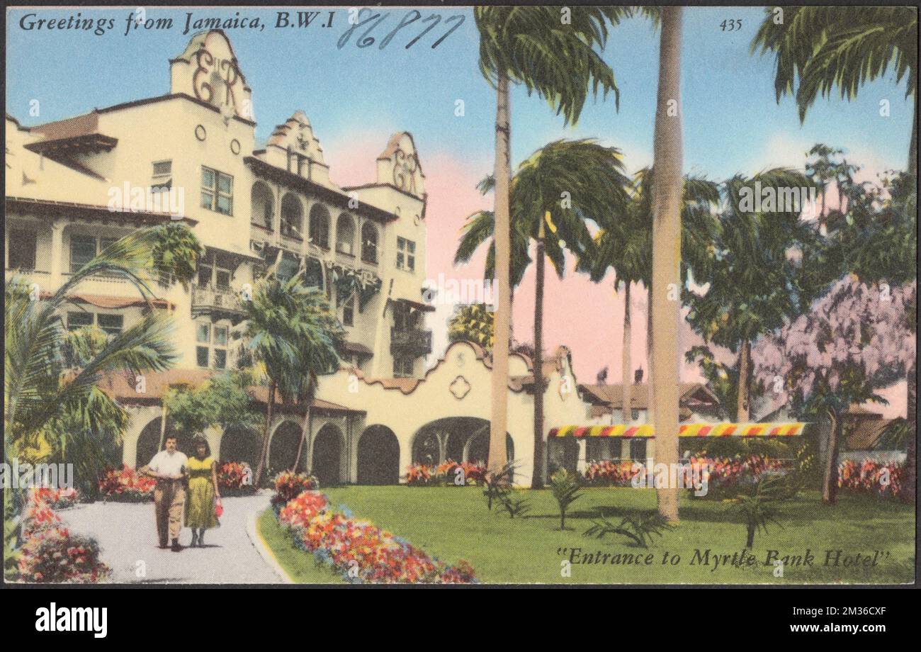 Grüße aus Jamaika, B.W.I. "Eingang zum Myrtle Bank Hotel" , Hotels, Tichnor Brothers Collection, Postkarten der Vereinigten Staaten Stockfoto