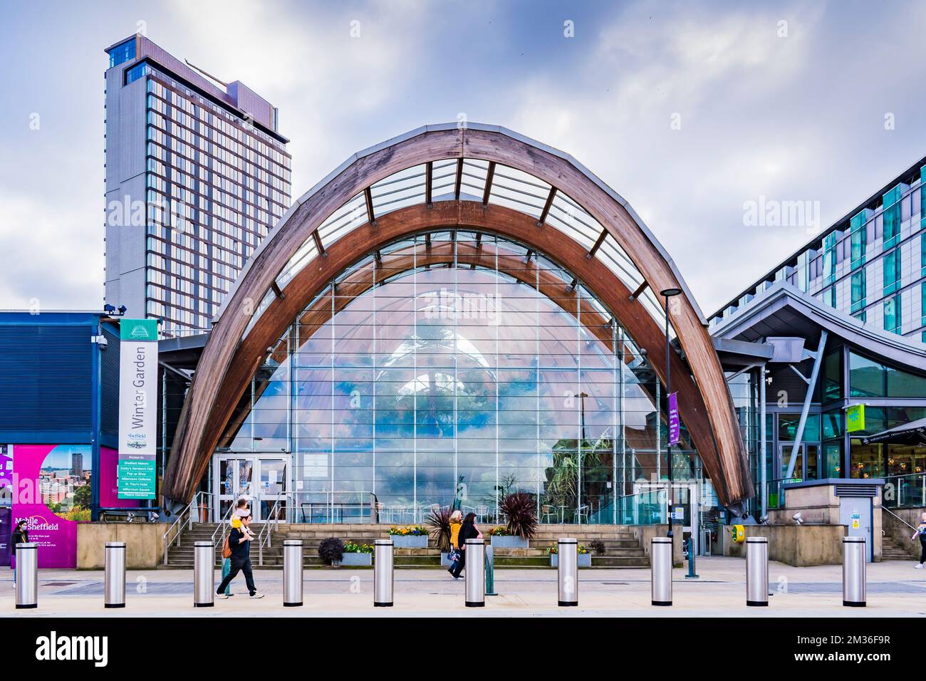 Fassade. Sheffield Winter Garden ist eines der größten Gewächshäuser mit gemäßigten Temperaturen, die in den letzten hundert Jahren in Großbritannien gebaut wurden, und das größte städtische Gebäude Stockfoto