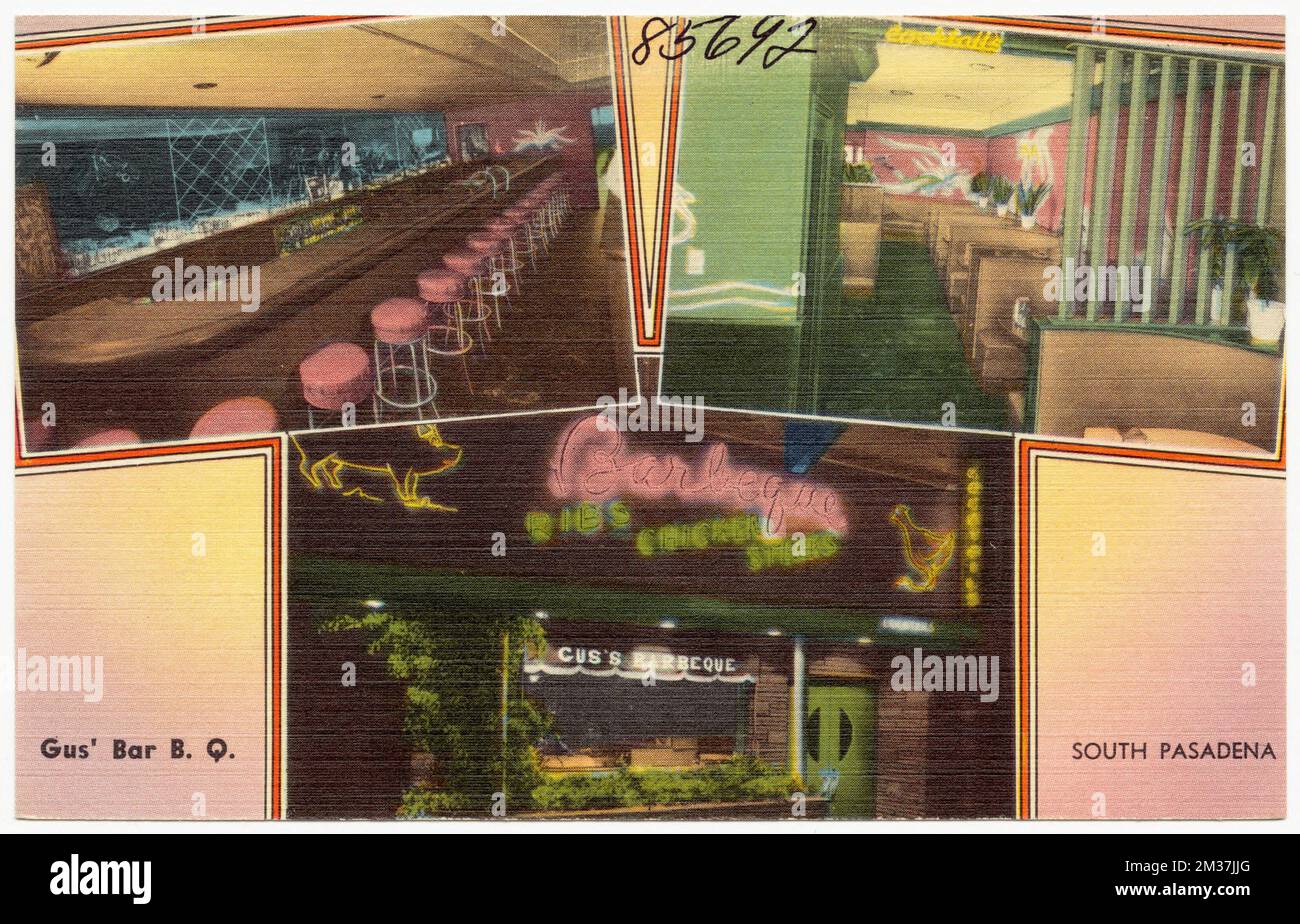 GUS' Bar B. Q., South Pasadena, Restaurants, Tichnor Brothers Collection, Postkarten der Vereinigten Staaten Stockfoto