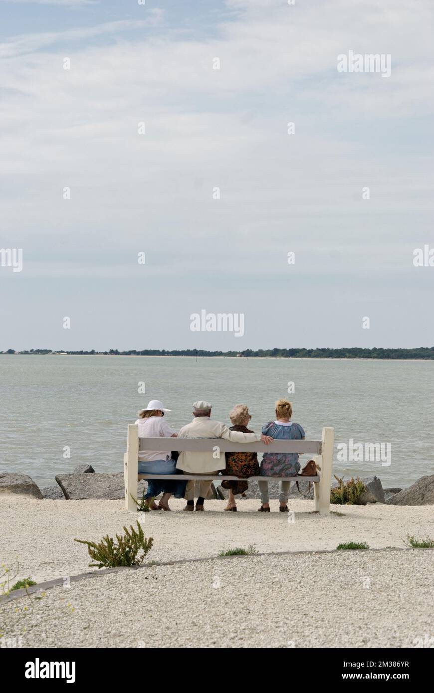 Vier Rentner, Freunde auf einer Bank am See Stockfoto
