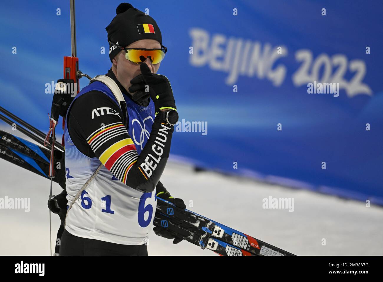 Der belgische Biathlet Thierry langer wurde während des 20 km langen Biathlon-Rennens für Männer im National Biathlon Center in Zhangjiakou bei den Olympischen Winterspielen 2022 in Peking, China, Dienstag, den 08. Februar 2022, in Aktion gezeigt. Die Olympischen Winterspiele finden vom 4. Februar bis zum 20. Februar 2022 statt. BELGA FOTO LAURIE DIEFFEMBACQ Stockfoto