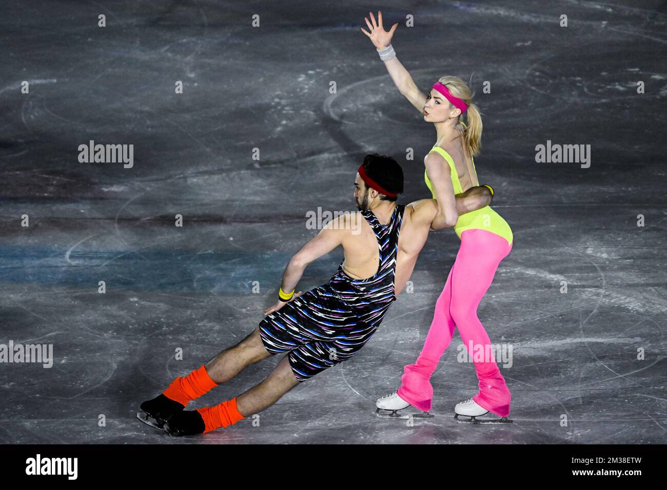 US Madison Hubbell und US Zachary Donohue in Aktion während der Medaillenverleihung des Speed-Skating-Events der Männer mit Massenstart bei den Olympischen Winterspielen 2022 in Peking, China, am Samstag, den 19. Februar 2022. Bart Swings gewann die Goldmedaille. Die Olympischen Winterspiele finden vom 4. Februar bis zum 20. Februar 2022 statt. BELGA FOTO LAURIE DIEFFEMBACQ Stockfoto