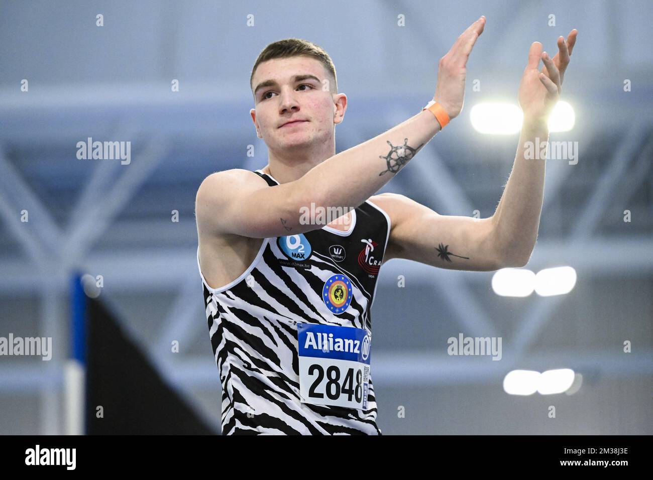 Der belgische Thomas Carmoy reagiert während der belgischen Hallenathletik-Meisterschaft am Samstag, den 26. Februar 2022 in Louvain-la-Neuve. BELGA FOTO LAURIE DIEFFEMBACQ Stockfoto