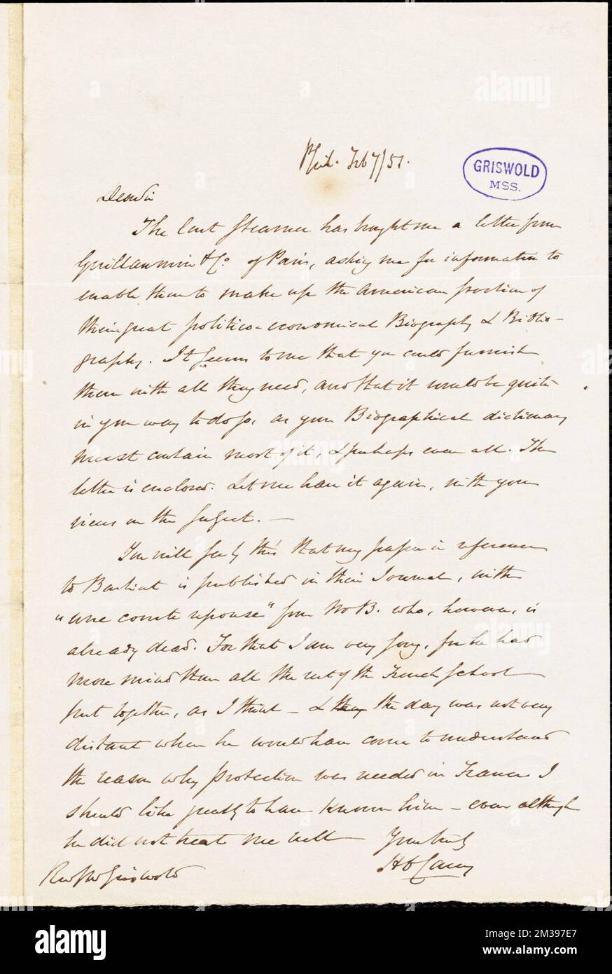 Henry Charles Carey, Philadelphia, Autogrammbrief unterzeichnet an R. W. Griswold, 7. Februar 1851, amerikanische Literatur, 19.. Jahrhundert, Geschichte und Kritik, Autoren, Amerikaner, 19.. Jahrhundert, Korrespondenz, Autoren und Verleger, Dichter, Amerikaner, 19.. Jahrhundert, Korrespondenz, Bastiat, Frédéric, 1801-1850. Rufus W. Griswold Papers Stockfoto