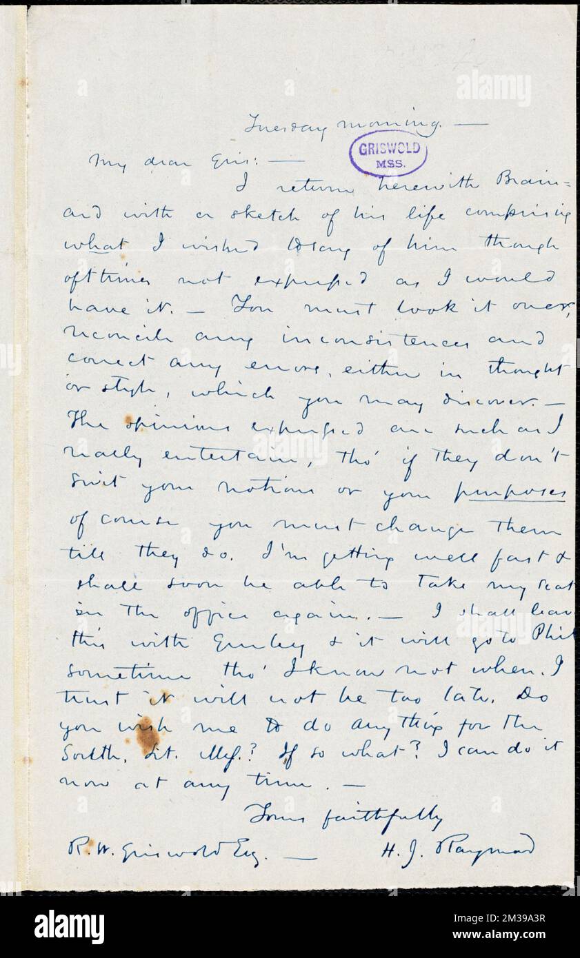 Henry Jarvis Raymond unterschriebenes Autogrammschreiben an R. W. Griswold, [9. November 1841?] , Amerikanische Literatur, 19.. Jahrhundert, Geschichte und Kritik, Autoren, Amerikaner, 19.. Jahrhundert, Korrespondenz, Autoren und Verleger, Dichter, Amerikaner, 19.. Jahrhundert, Korrespondenz, Brainard, John G. C. John Gardiner Calkins, 1796-1828. Rufus W. Griswold Papers Stockfoto