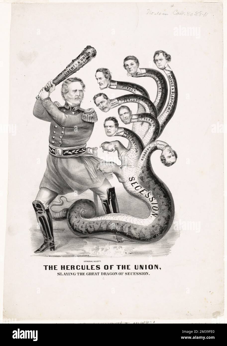 Die Herkules der Union, die den großen Drachen der Sezession, der Sezession, der Monster, der Generäle, der Vereinigten Staaten, Geschichte, Bürgerkrieg, 1861-1865, Davis, Jefferson, 1808-1889, Beauregard, G. T. Gustave Toutant, 1818-1893, Scott, Winfield, 1786-1866, Toombs, Robert Augustus, 1810-1885, Stephens, Alexander H. Alexander Hamilton, 1812-1883, Twiggs, David Emanuel, 1790-1862, Pickens, F. W. Francis Wilkinson, 1805-1869, Floyd, John B. John Buchanan, 1806-1863 Stockfoto