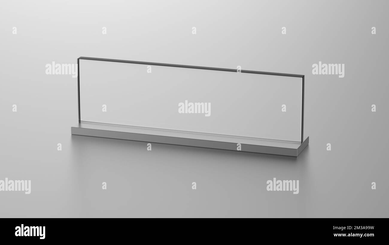 Typenschild aus Glas auf grauem Hintergrund isoliert. Namensschild. Leer. Leer. 3D Abbildung Stockfoto