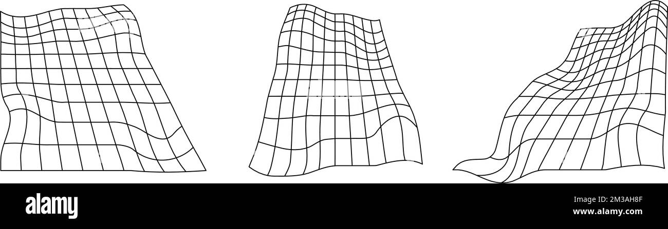 Verzerrtes Perspektivenraster. Glitch-Rechteckebenen-Sammlung. Futuristische Elemente mit Retro-Wellendesign. Welpeln Sie Drahtmodelle. Vektorabstrakt Stock Vektor