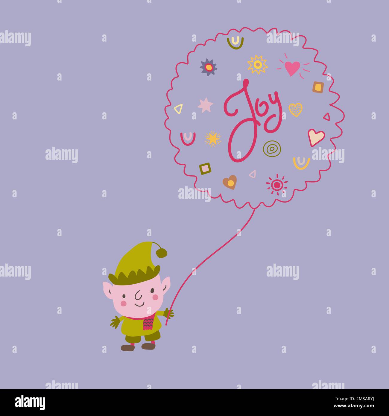 Kleine Elfe mit eingerahmtem Wort Freude. Doodle Kawaii-Style-Illustration. Stock Vektor