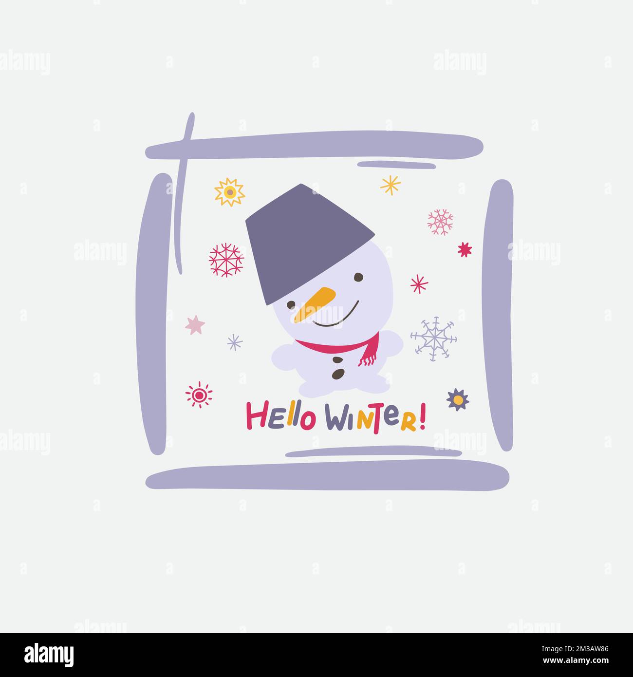 Framed Snowman with hand drawn lettering Hello winter. Doodle kawaii style illustration. Stock Vektor