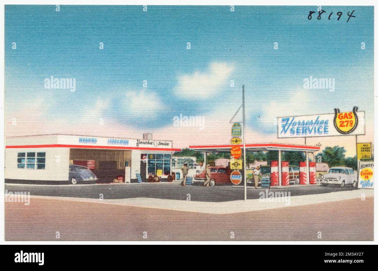 Horseshoe Service, Automobil Tankstellen, Tichnor Brothers Collection, Postkarten der Vereinigten Staaten Stockfoto