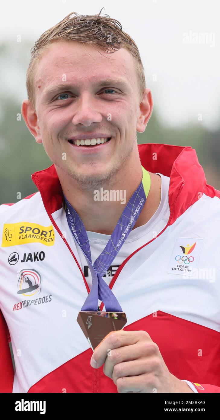 Der belgische Kajakfahrer Artuur Peters gewann die Silbermedaille im A-Finale der Männer-Kajak-Einzelveranstaltung 1000m beim Kanusprint der Europameisterschaften am Samstag, 20. August 2022, in München 2022. Die zweite Auflage der Europameisterschaften findet vom 11. Bis 22. August statt und umfasst neun Sportarten. BELGA FOTO BENOIT DOPPAGNE Stockfoto