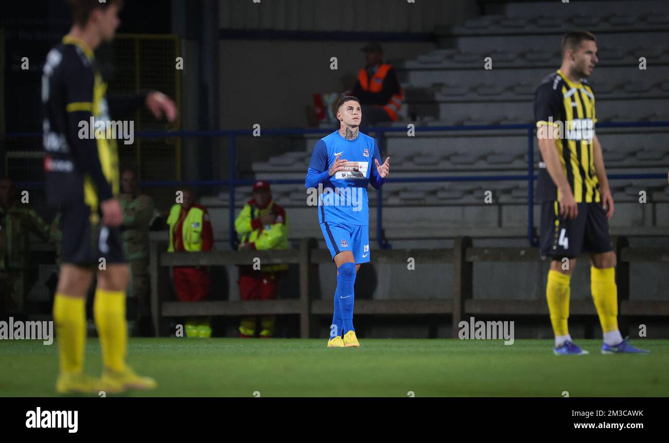 Denders Suer Barbaros Cukur Tiago feiert am Freitag, den 09. September 2022 in Denderleeuw, nach einem Treffer bei einem Fußballspiel zwischen der FCV Dender EH und Lierse Kempenzonen, am 5. Tag der 'Challenger Pro League' 1B. Division der belgischen Meisterschaft 2022-2023. BELGA FOTO VIRGINIE LEFOUR Stockfoto