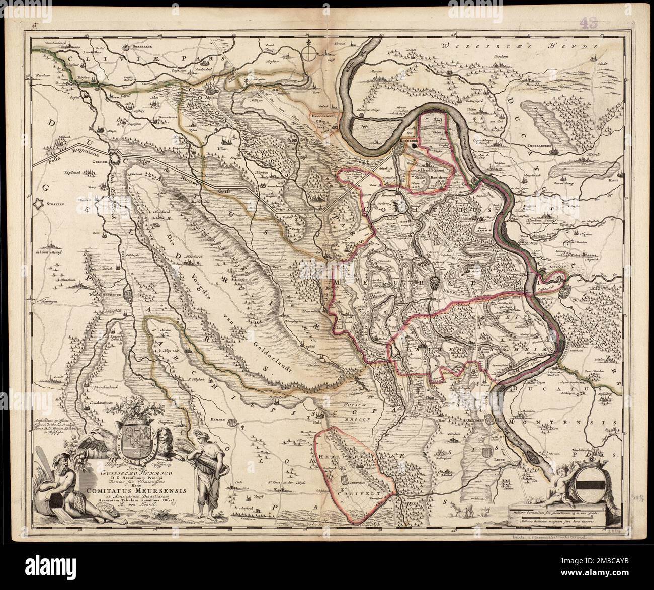 Illustrissimo Celsissimoque Principii Guiljelmo Henrico D.G. Arausionum Principi Domino suo Clementissimo hanc Comitatus Meursensis et Annex arum dinastiarum , Moers Deutschland, Karten, frühe Werke bis 1800, Nordrhein-Westfalen Deutschland, Karten, frühe Werke bis 1800 Norman B. Leventhal Map Center Collection Stockfoto