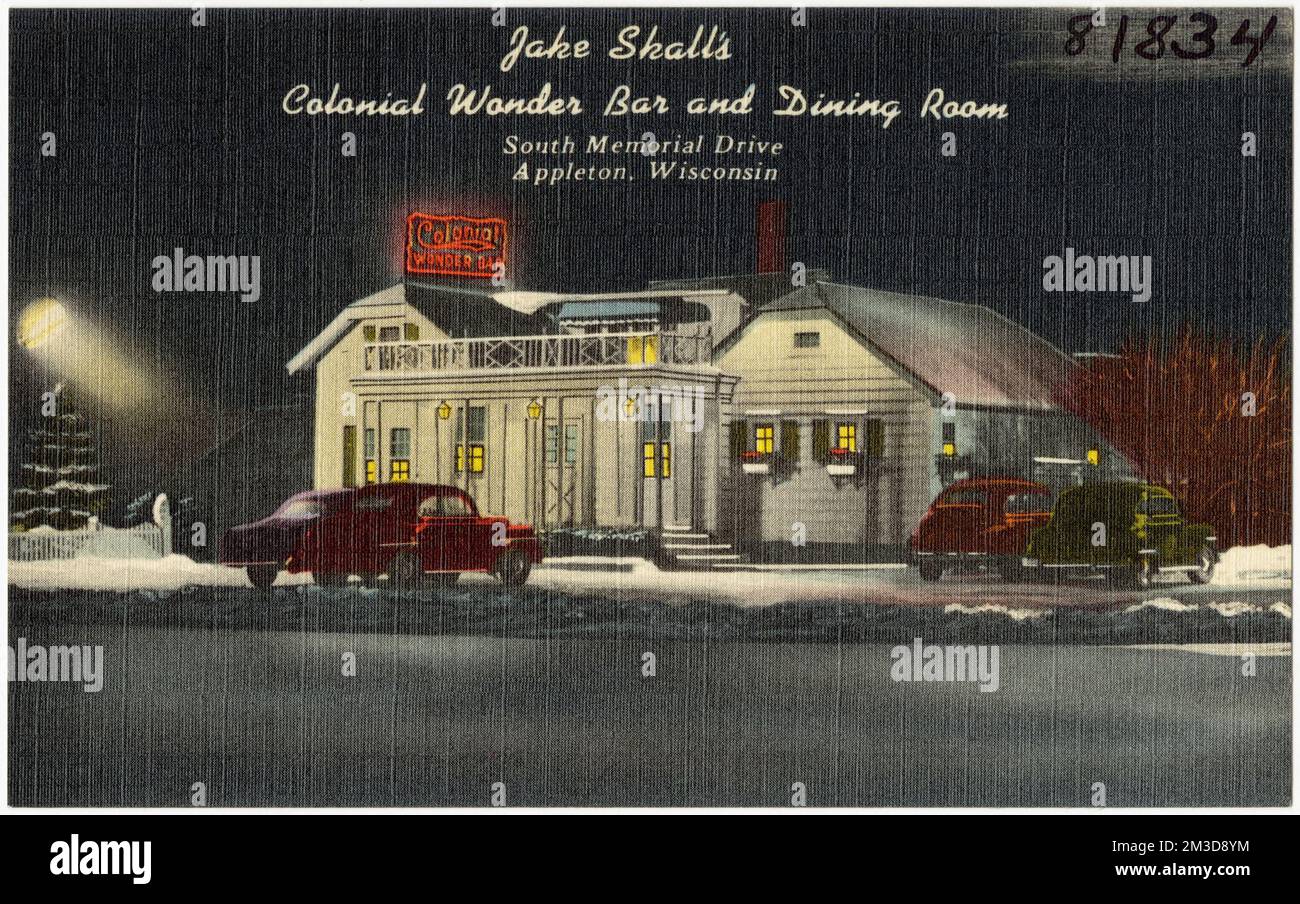 Jake Skall's Colonial Wonder Bar and Dining Room, South Memorial Drive, Appleton, Wisconsin, Restaurants, Tichnor Brothers Collection, Postkarten der Vereinigten Staaten Stockfoto