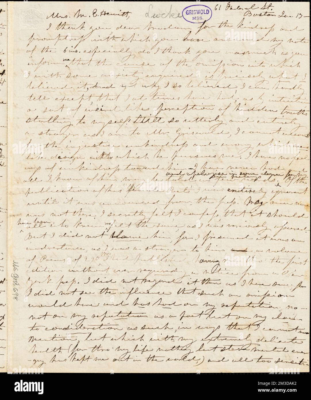 Jane Ermina (Stockweather) Locke, 62 Federal St. Boston, Autogrammbrief unterzeichnet an Mary Elizabeth (Moore) Hewitt Stebbins, 13. Januar [1851] , amerikanische Literatur, 19.. Jahrhundert, Geschichte und Kritik, Autoren, Amerikaner, 19.. Jahrhundert, Korrespondenz, Autoren und Verleger, Dichter, Amerikaner, 19.. Jahrhundert, Korrespondenz, Osgood, Frances Sargent, 1811-1850. Rufus W. Griswold Papers Stockfoto