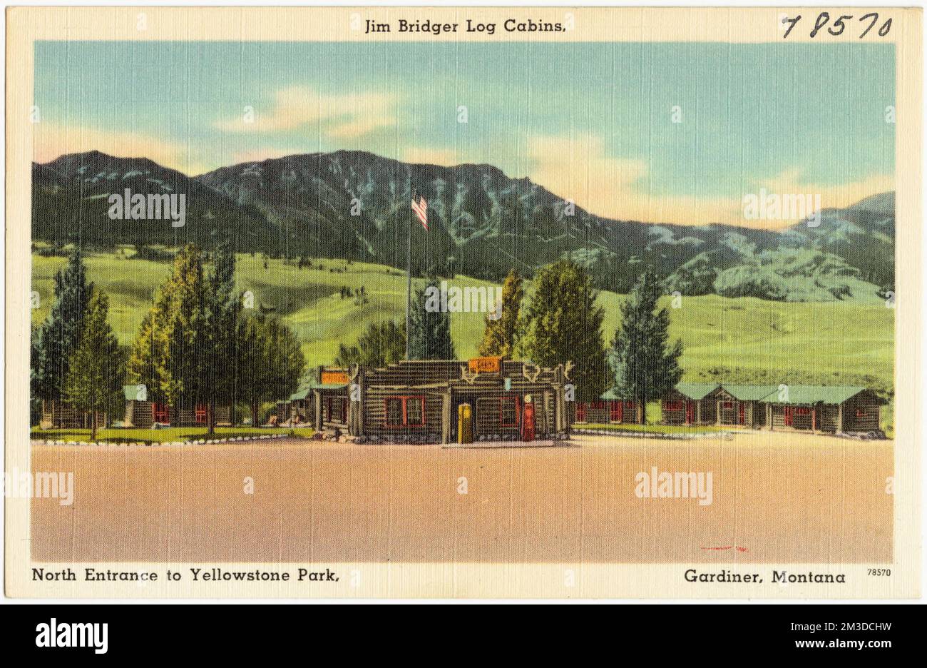 Jim Bridger Blockhütten, Nordeingang zum Yellowstone Park, Gardiner, Montana, Hütten, Parks, Tichnor Brothers Collection, Postkarten der Vereinigten Staaten Stockfoto
