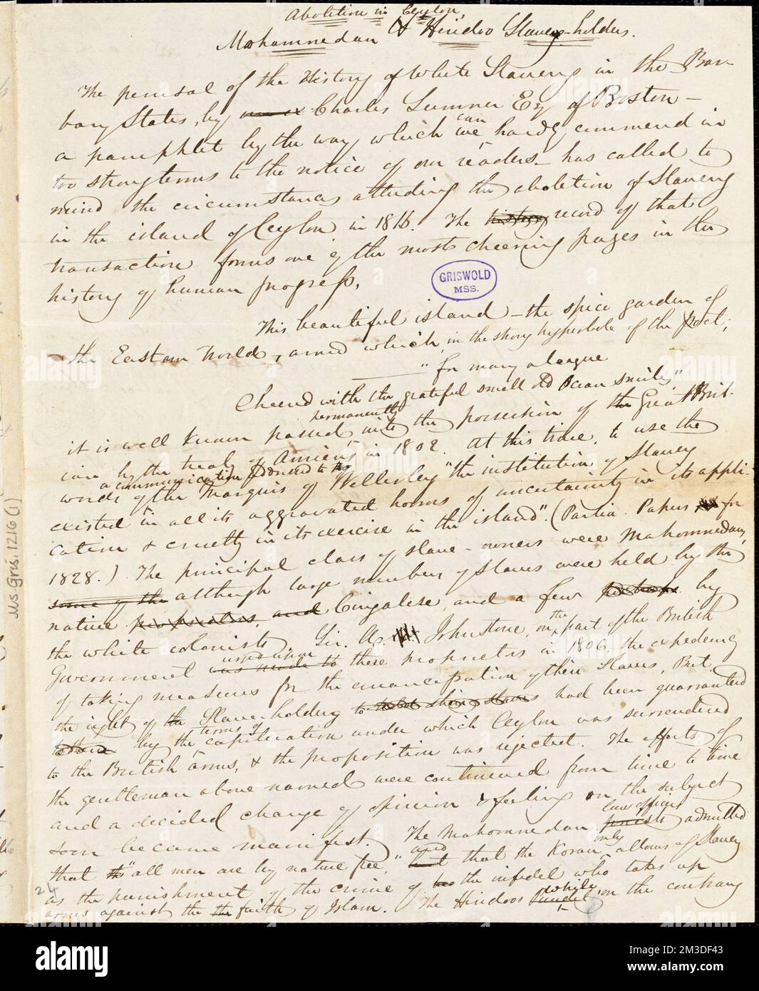 John Greenleaf Whittier Manuskriptartikel, März [1847?]: "Abschaffung in Ceylon", "Frömmigkeit der Justiz", "die Passagiere des Tweed". , Amerikanische Literatur, 19.. Jahrhundert, Geschichte und Kritik, Autoren, Amerikaner, 19.. Jahrhundert, Korrespondenz, Autoren und Verleger, Dichter, Amerikaner, 19.. Jahrhundert, Korrespondenz. Rufus W. Griswold Papers Stockfoto