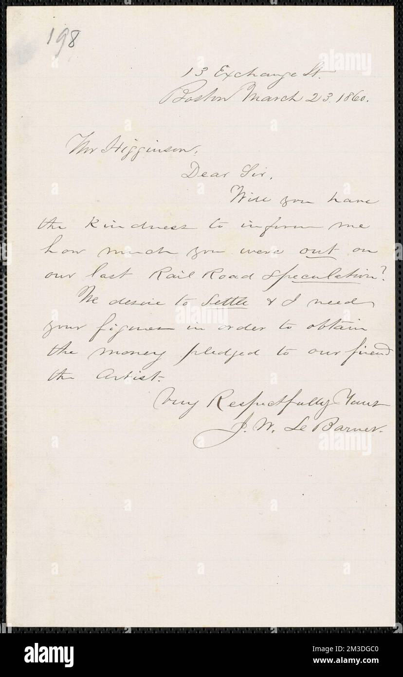 John W. LeBarnes Autogrammbrief unterschrieben an Thomas Wentworth Higginson, Boston, 23. März 1860 , Abolitionists, United States, Antislavery movements, United States, History, 19. Century, Harpers Ferry W.A., History, John Brown's RAID, 1859, Brackett, Edward Augustus, 1818-1908. John Brown. Korrespondenz über John Brown und den Überfall auf Harpers Ferry Stockfoto
