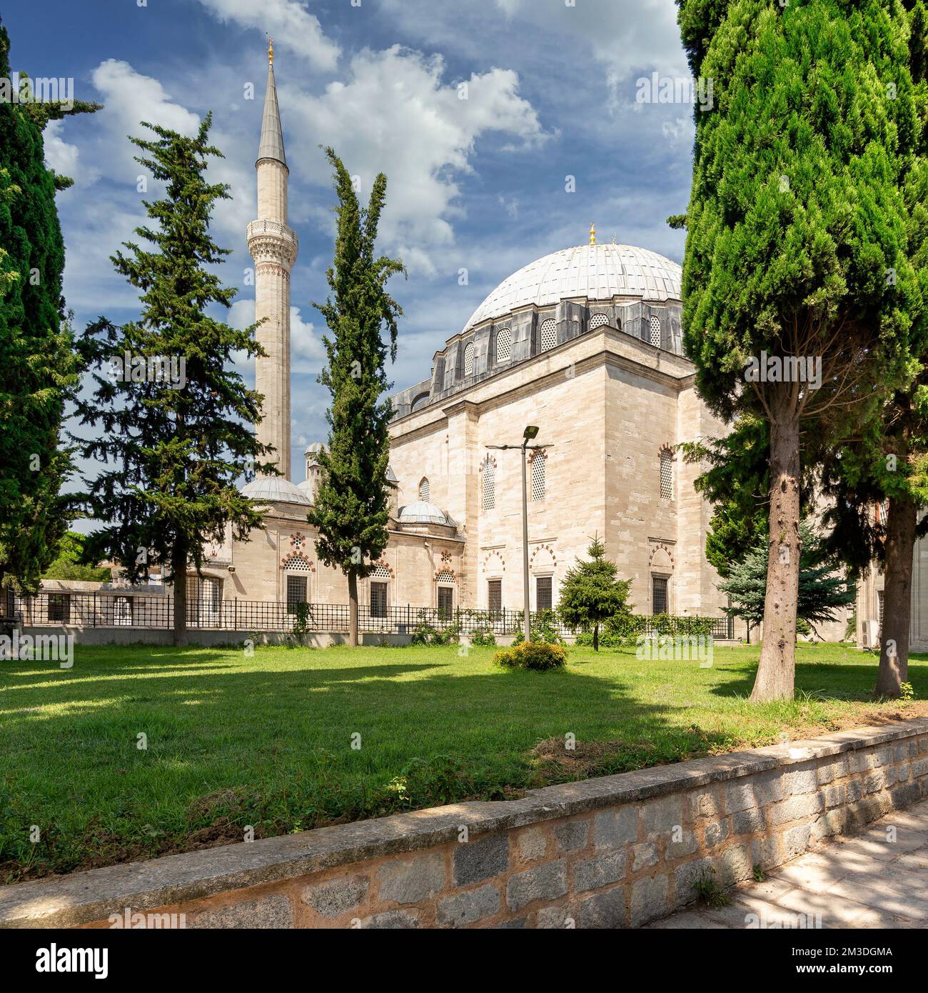 Außenaufnahme der Yavuz Sultan Selim Moschee, eingerahmt von grünen