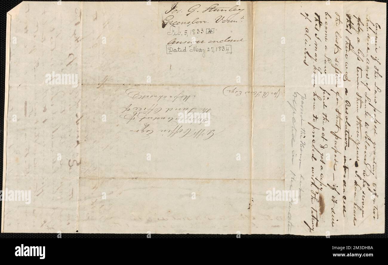 Joseph G. Stanley an George Coffin, 5. Februar 1834 , Public Land Sales, United States, Massachusetts, Politics and Government, 1775-1865, Maine, Politik und Regierung, 1775-1865, Vereinigte Staaten, Geschichte, Revolution, 1775-1783, Ansprüche, Kanada, Grenzen, Vereinigte Staaten Stockfoto