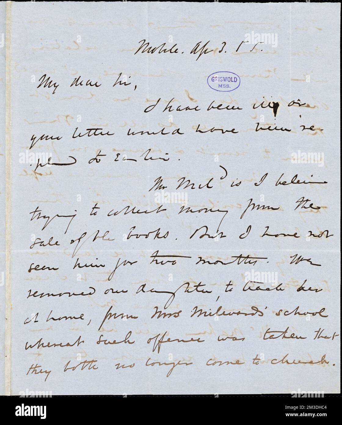 Joseph holt Ingraham, Mobile, AL., Autogrammbrief unterschrieben, 3. April 1855 , amerikanische Literatur, 19.. Jahrhundert, Geschichte und Kritik, Autoren, Amerikaner, 19.. Jahrhundert, Korrespondenz, Autoren und Verleger, Dichter, Amerikaner, 19.. Jahrhundert, Korrespondenz. Rufus W. Griswold Papers Stockfoto