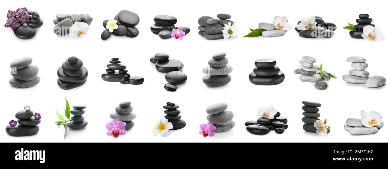 Set aus vielen Spa-Steinen und wunderschönen Blumen auf weißem Hintergrund Stockfoto
