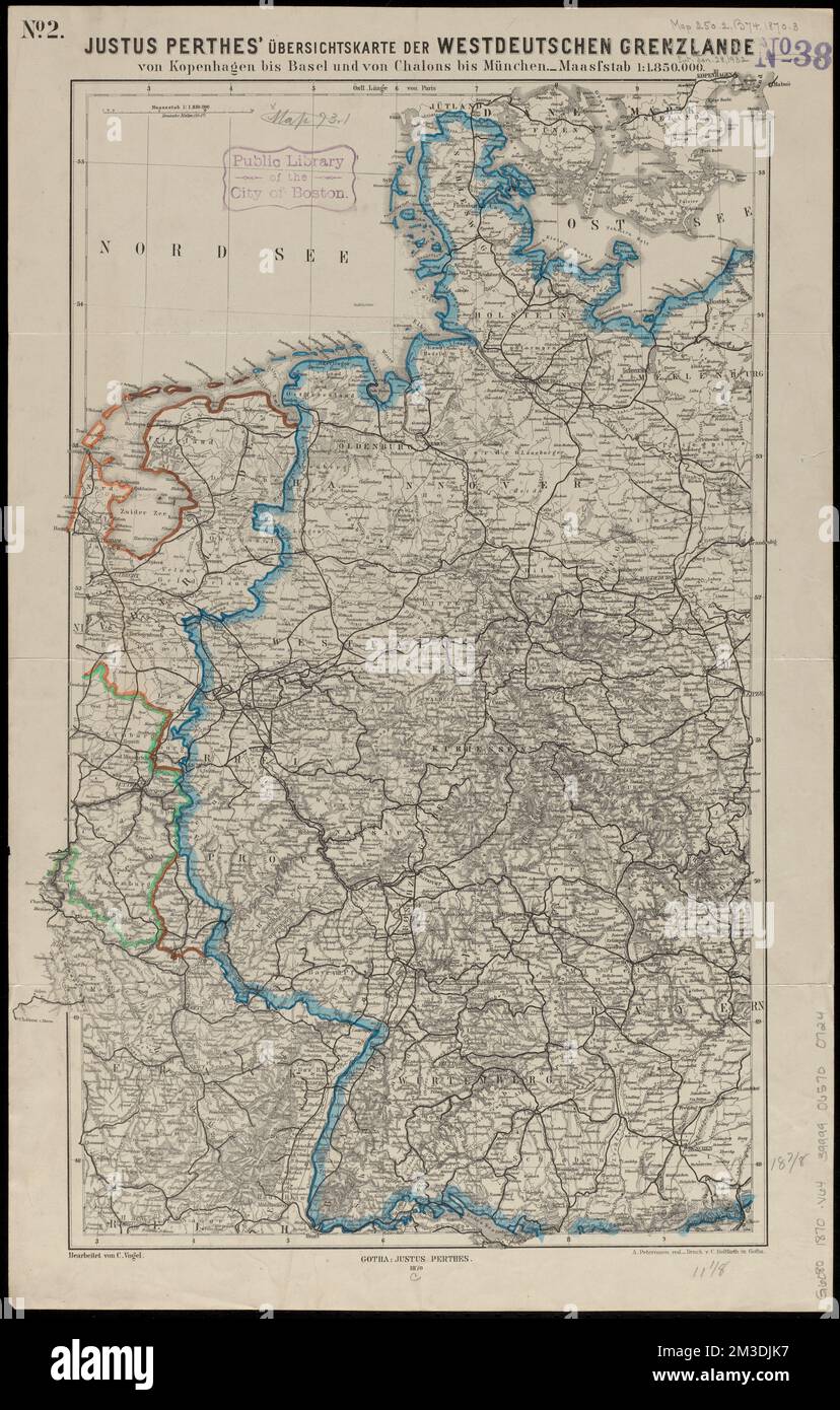 Justus Perthes' übersichtskarte der Westdeutschen Grenze von Kopenhagen bis Basel und von Chalons bis München , Deutschland, Karten Norman B. Leventhal Map Center Collection Stockfoto