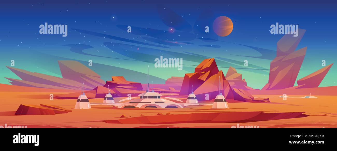 Weltraumforschungsstation auf rotem Planeten. Karikaturvektordarstellung eines modernen Forschungszentrums auf dem Mars, umgeben von felsiger Landschaft, Sternen und Satelliten am Horizont. Wissenschaftliche Mission, Kolonisierung Stock Vektor