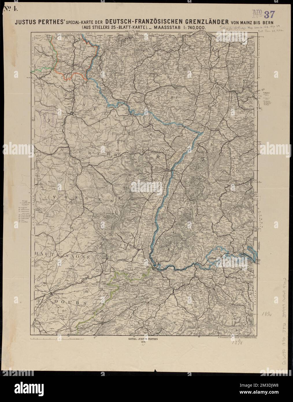 Justus Perthes' Special-karte der Deutsch-Französischen Grenzländer von Mainz bis Bern : (aus Stielers 25-blatt-karte) , Franco-Preußischer Krieg, 1870-1871, Karten, Deutschland, Karten, Benelux-Länder, Karten Norman B. Leventhal Map Center Collection Stockfoto