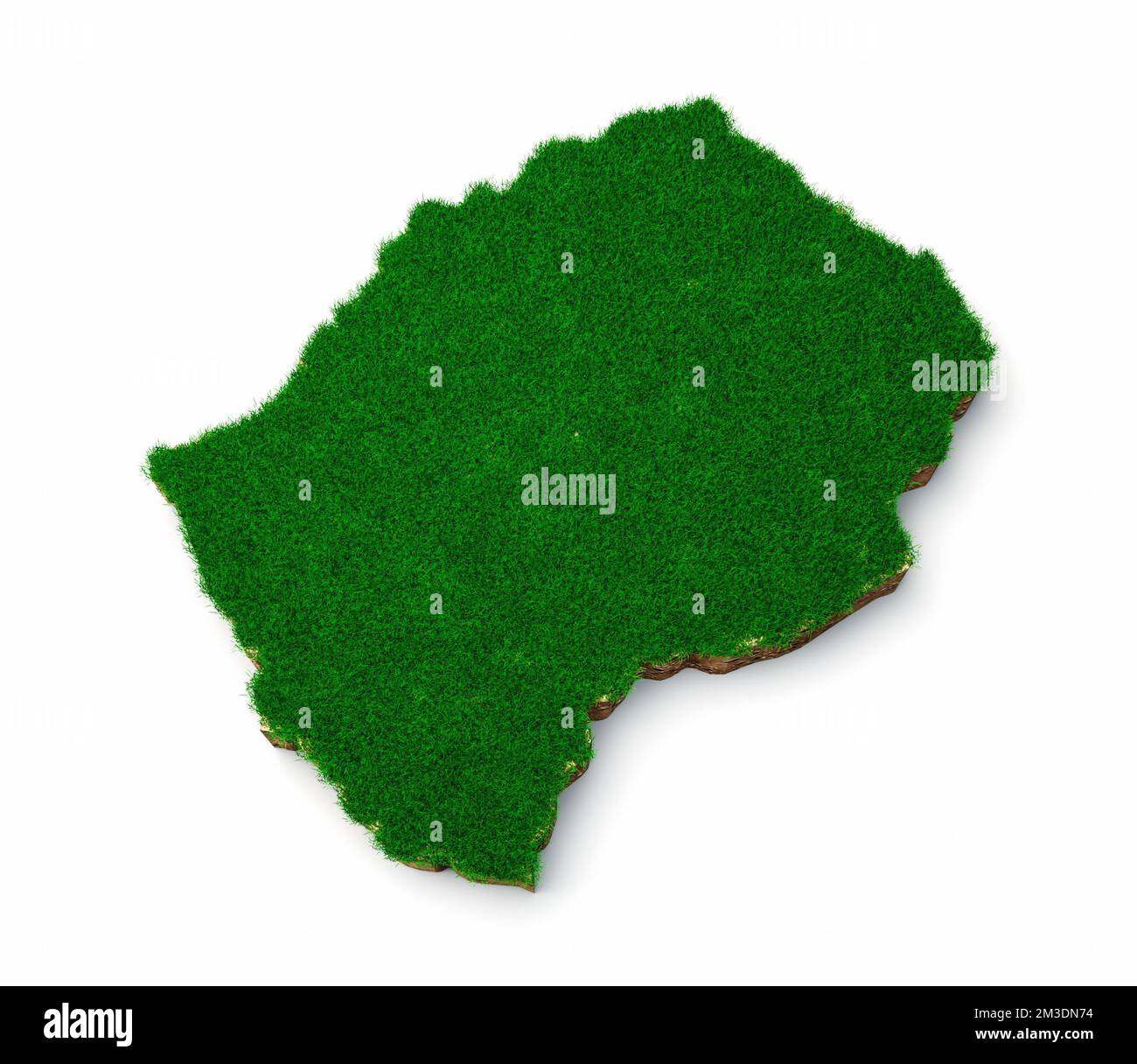 Eine 3D-Darstellung der Lesotho-Karte mit grünem Gras, isoliert auf weißem Hintergrund Stockfoto