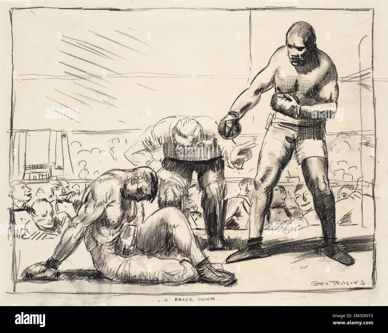 A Knock Down, Boxen, Boxer, Sportzuschauer, Jeffries, James J., 1875-1953, Johnson, Jack, 1878-1946. George Bellows (1882-1925). Ausdrucke und Zeichnungen Stockfoto
