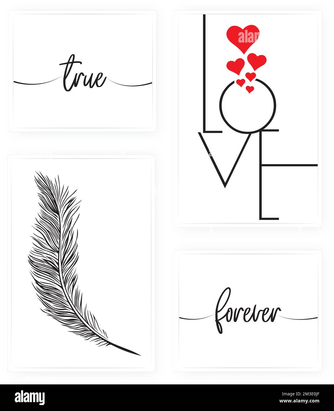 Wahre Liebe für immer, Vektor. Minimalistisches Posterdesign in vier Teilen. Wandbild, Kunstwerke. Silhouette der Feder isoliert auf weißem Hintergrund. Stock Vektor