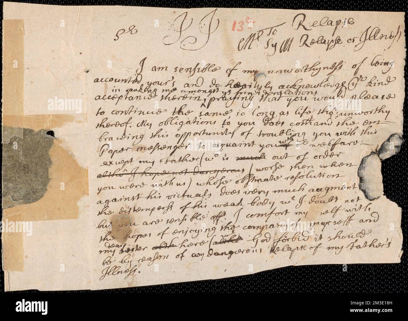 Brief von Richard Saltonstall an Rowland Cotton, Haverhill, Massachusetts, Geschichte, Kolonialzeit, Ca. 1600-1775, Puritans, Baumwollfamilie, Prince-Familie. Thomas Prince Bibliothek und Sammlung der Old South Kirche Stockfoto