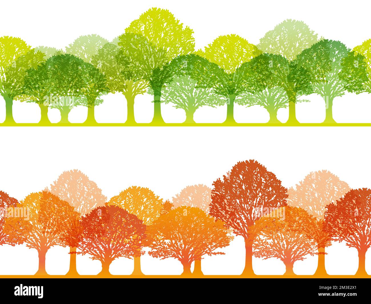 Vektor nahtlose Forstdarstellung in Frühlingsfarben mit isoliertem Textraum auf weißem Hintergrund. Horizontal wiederholbar. Stock Vektor
