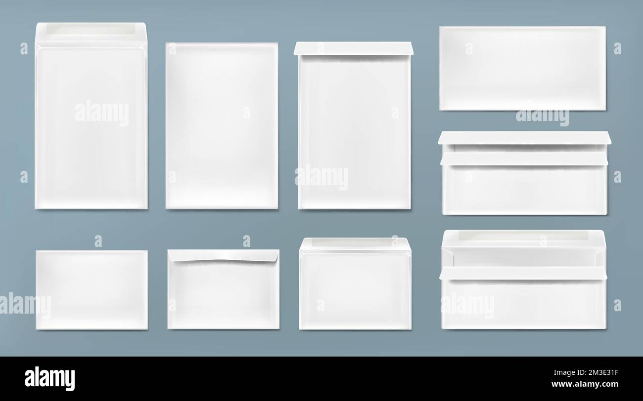 Weiße Umschlagvorlage A4, DL und C6. Vektorrealistisches Modell leerer geschlossener und offener Briefumschläge, Vorder- und Rückansicht von Briefumschlägen. Modell eines Papierordners für Geschäftsdokumente und Nachrichten Stock Vektor