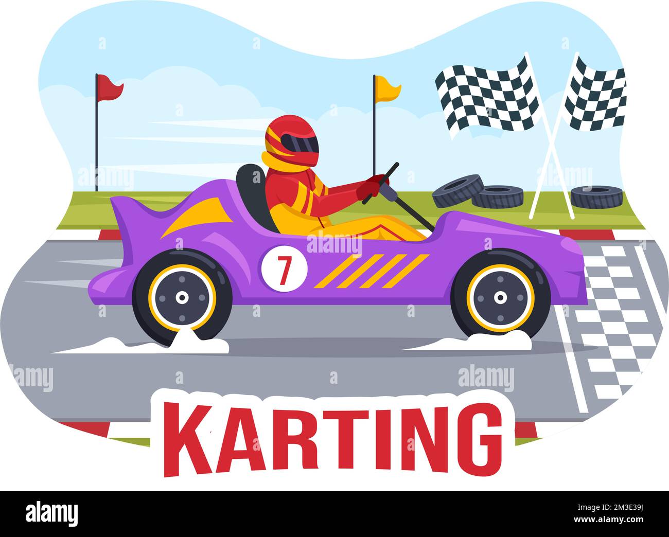 Kart-Sport mit Rennspiel Go Kart oder Mini-Auto auf einer kleinen Rennstrecke in einer flachen, handgezeichneten Schablone Stock Vektor
