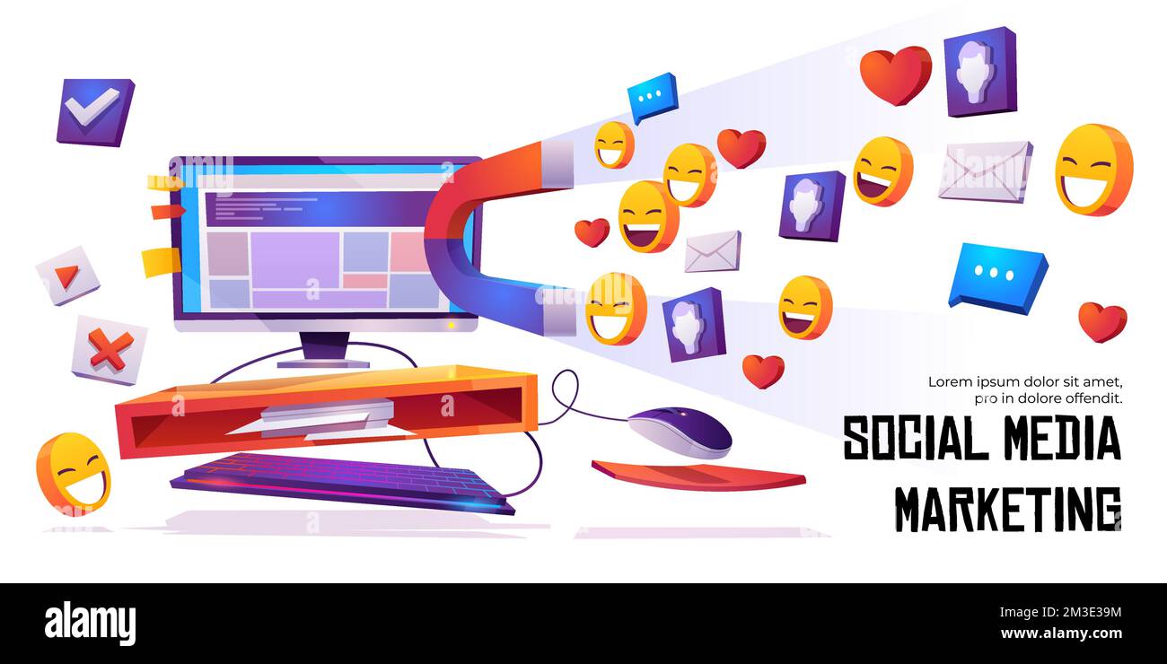 Social-Media-Marketing-Banner. SMM-Strategiekampagne, Magnet für Zuschauer, „Gefällt mir“-Bewertungen, Rückmeldungen und Follower auf dem Desktop-Bildschirm des Computers. Influencer-Virusinhalt, Cartoon-Vektordarstellung Stock Vektor
