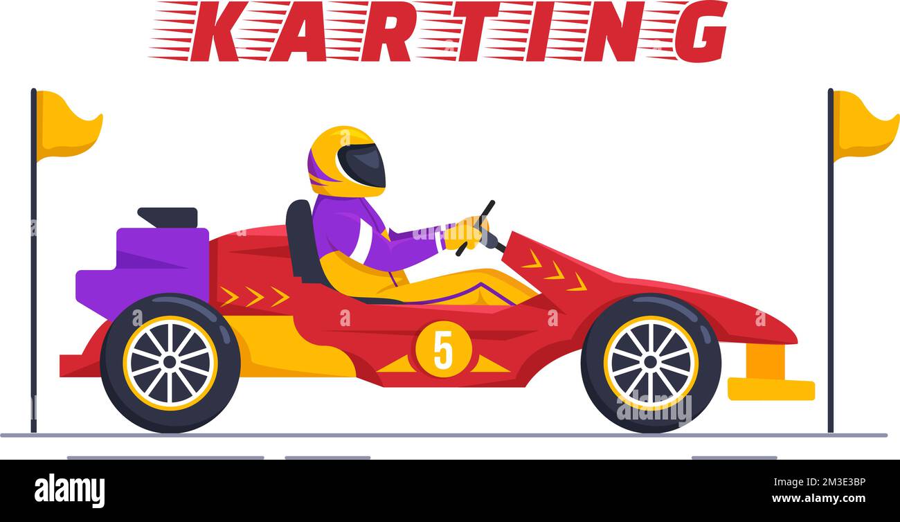 Kart-Sport mit Rennspiel Go Kart oder Mini-Auto auf einer kleinen Rennstrecke in einer flachen, handgezeichneten Schablone Stock Vektor