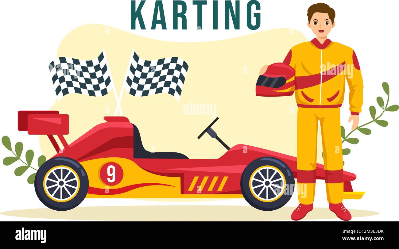 Kart-Sport mit Rennspiel Go Kart oder Mini-Auto auf einer kleinen Rennstrecke in einer flachen, handgezeichneten Schablone Stock Vektor