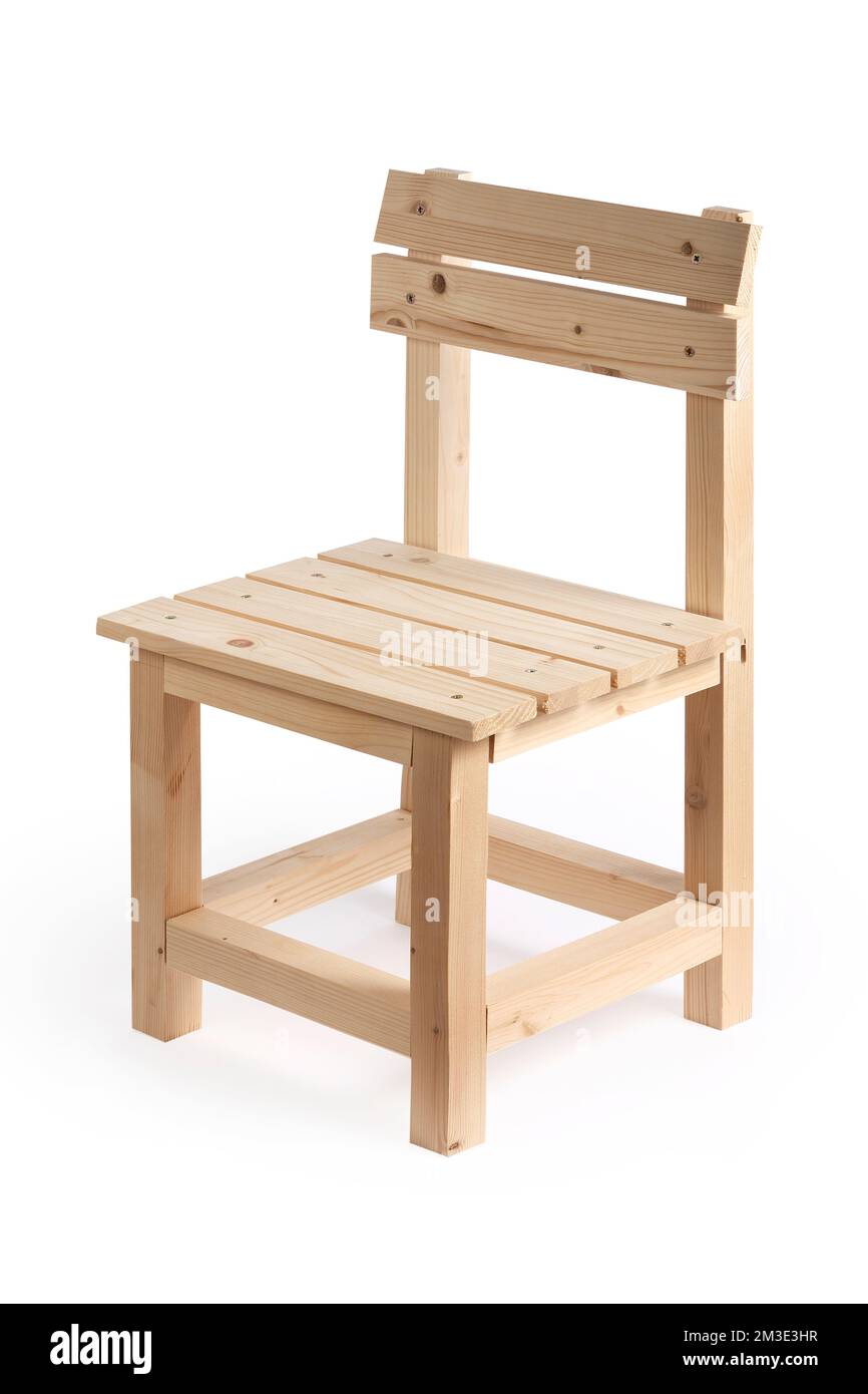 Handgefertigte verspielte Spielzeuge aus Holz im einfachen Hintergrund Stockfoto