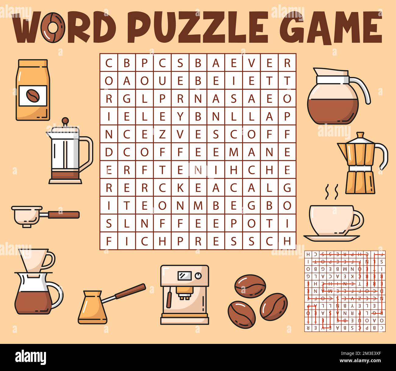 Kaffee Getränke Wortsuche Puzzle Spiel Arbeitsblatt, Vektor Kinder Quiz Raster. Kreuzworträtsel-Rätsel zur Suche nach Wörtern im Raster, Kaffeetasse und Espressomaschine, Kaffeebohnen und Tassen für Teekanne Stock-Vektorgrafik