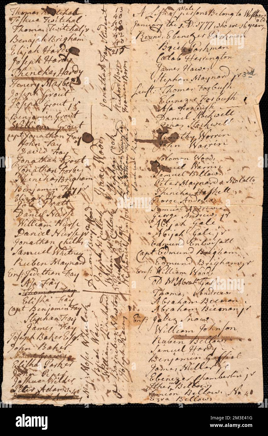 Liste der Männer über 16 Jahre alt, 1777, USA, Geschichte, Revolution, 1775-1783 Stockfoto